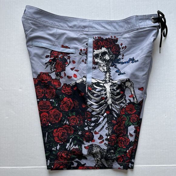 Sec 119 Board Shorts Mens 36 Grateful Dead Skeleton Red Roses Lightweight Trunks - Picture 3 of 12